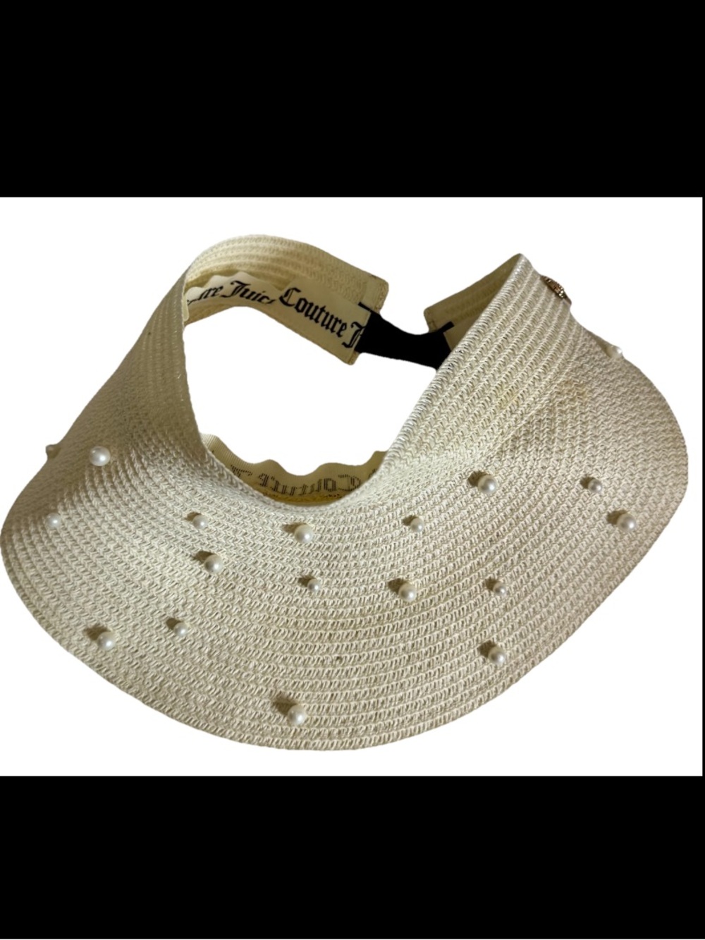 Juicy Couture Womens Sun Visor OS Natural Straw Hat Faux Pearl Embellishments